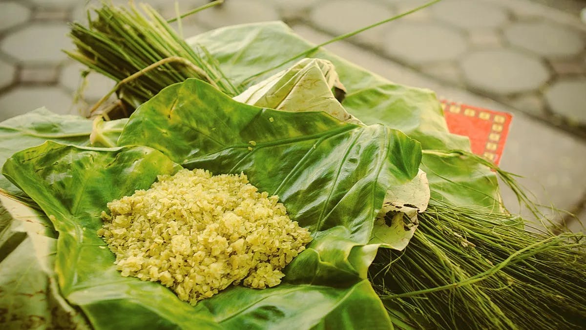 Green rice kept in lotus leaves