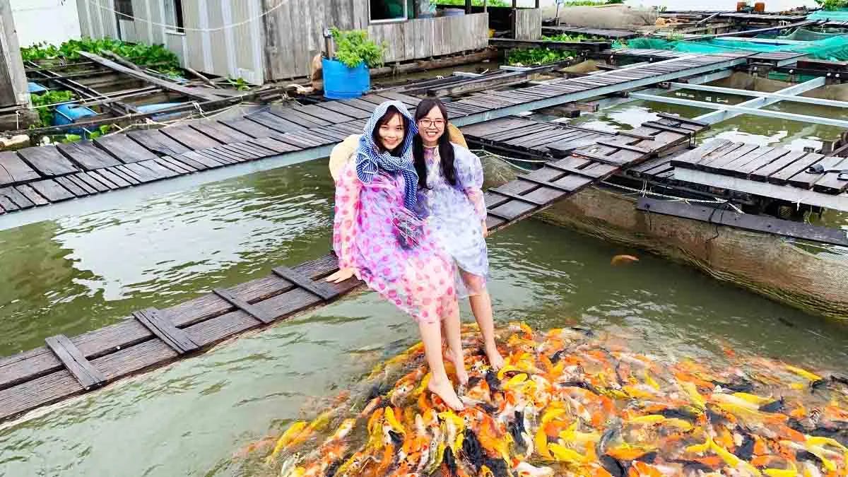 Two women are playing with Koi fish